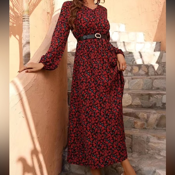 Floral Print V Neck Dress, Elegant Long Sleeve High Waist Maxi Dress, Women - Picture 3 of 5
